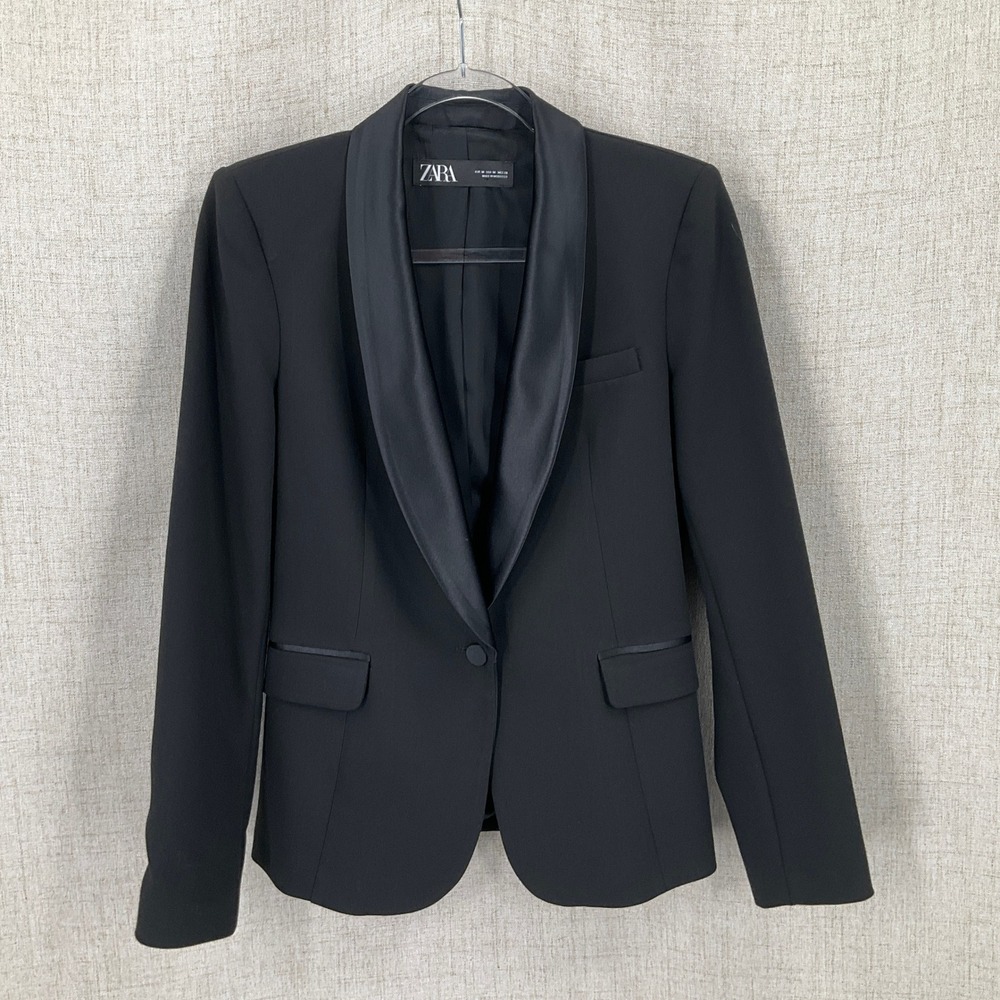 Zara Tuxedo Blazer Womens M Black Satin Shawl Lapel Luxury Old Money Timeless